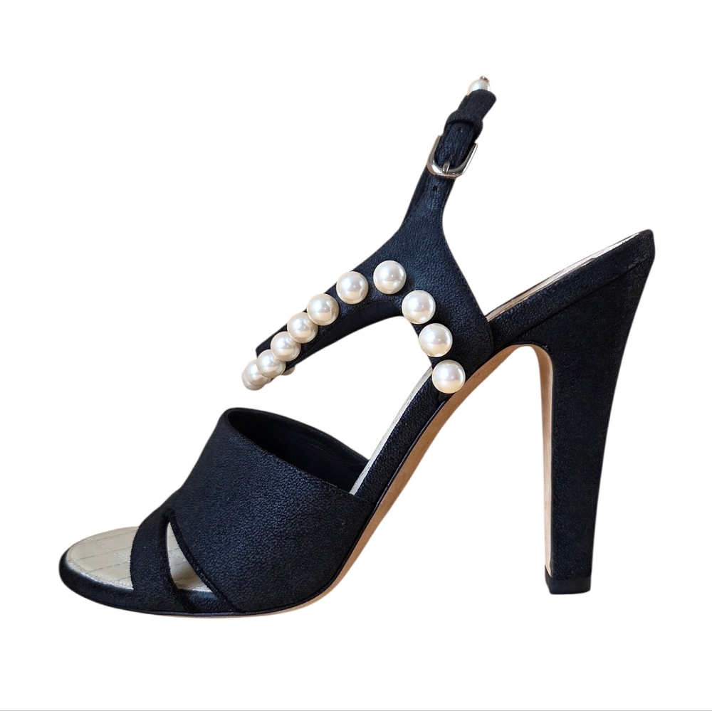 Chanel CC Logo Pearl Embellished Black Suede Slingback Heels EU 40 G29835 - Picture 3 of 13